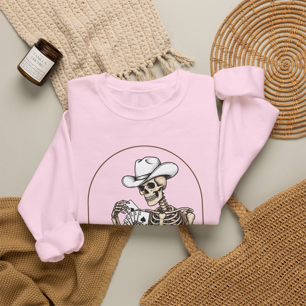 Skeleton Rancher Sweatshirt Halloween Cowboy Gear Gift Women Shabby Chic Sweatshirt Skeleton Sweatshirt Horror Fan Distressed Graphic Sweatshirt Doodle Card