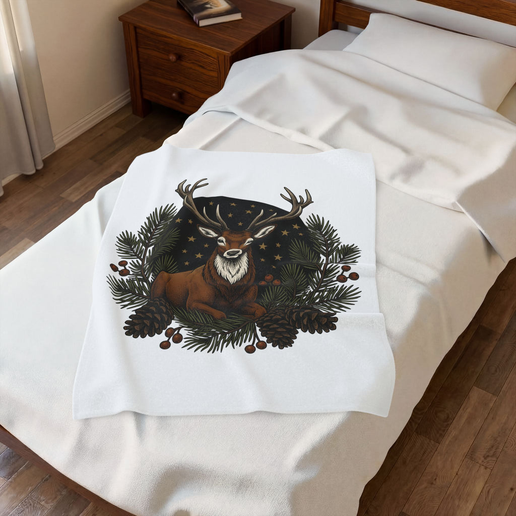 Elk Design Blanket Woodland Festive Gift Women Old School Blanket Moose Blanket Forest Fan Vintage Blanket Holiday Graphic Outline Pine Cone Blanket