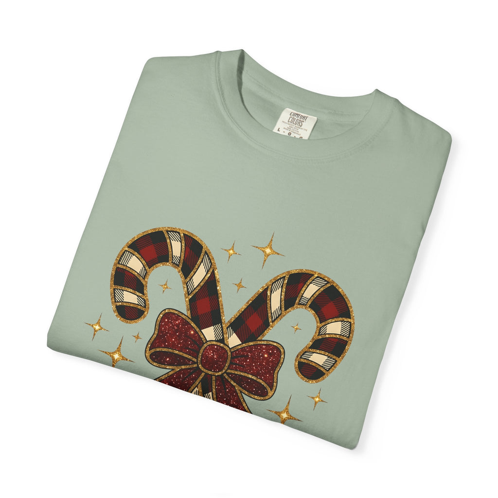 Striped Candy Bow T-Shirt Christmas Event Gift Women Glimmer T-Shirt Candy Bow T-Shirt Christmas Fan Sparkle T-Shirt Party Graphic Gingham Star