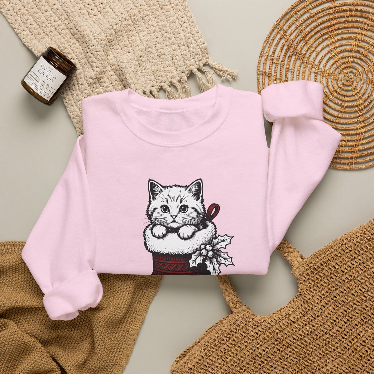 Kitten Stocking Sweatshirt Cat Christmas Gift Women Vintage Sweatshirt Christmas Stocking Sweatshirt Cat Fan Retro Sweatshirt Winter Graphic