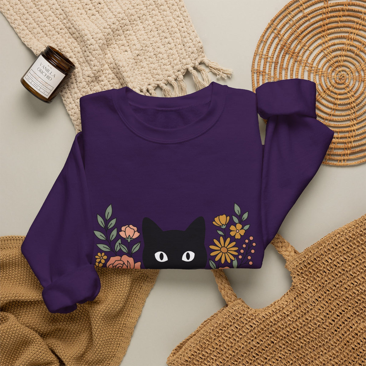 Black Cat Sweatshirt Halloween Garden Gift Women Print Art Sweatshirt Cat Sweatshirt Horror Fan Graphic Sweatshirt Yard Graphic Classic Flower Arrangement