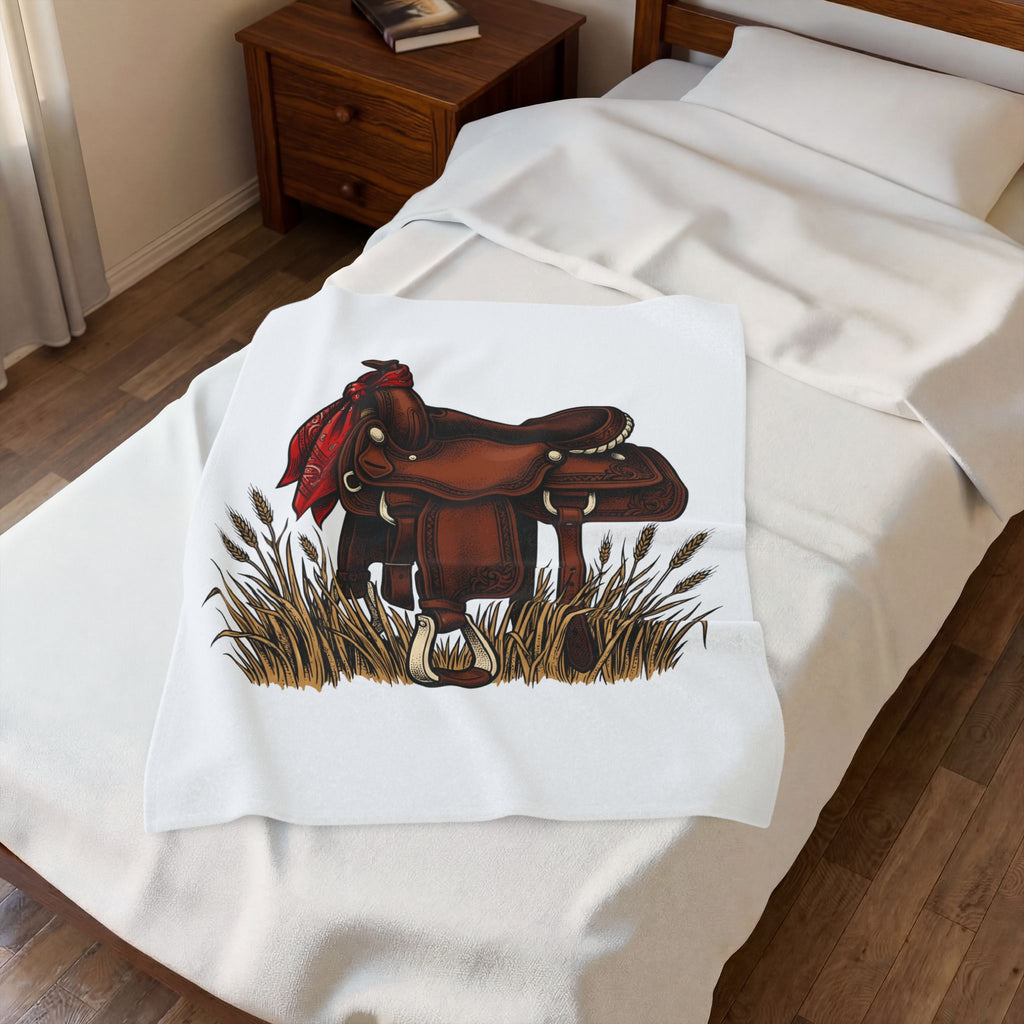 Western Saddle Cowgirl Western Gift Vintage Saddle Cowboy Fan Rodeo Hand Drawn Wheat Blanket