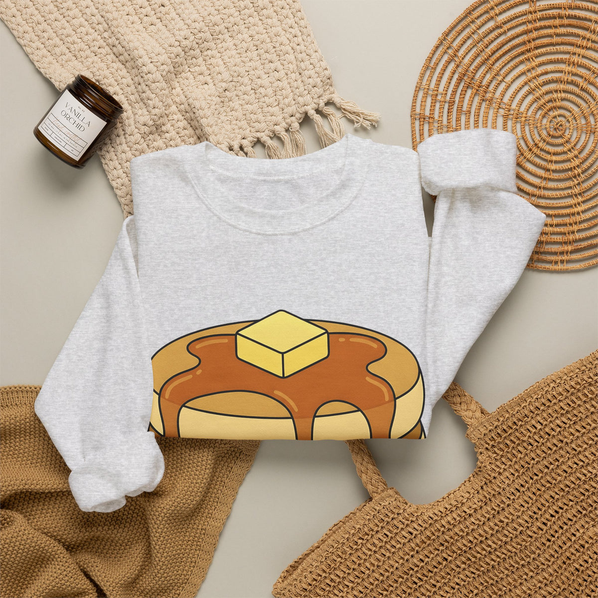 Flapjack Pile Sweatshirt Desserts Brunch Gift Women Comic Sweatshirt Granola Bar Sweatshirt Pastry Fan Cartoon Sweatshirt Breakfast Graphic Simple Honey Sweatshirt