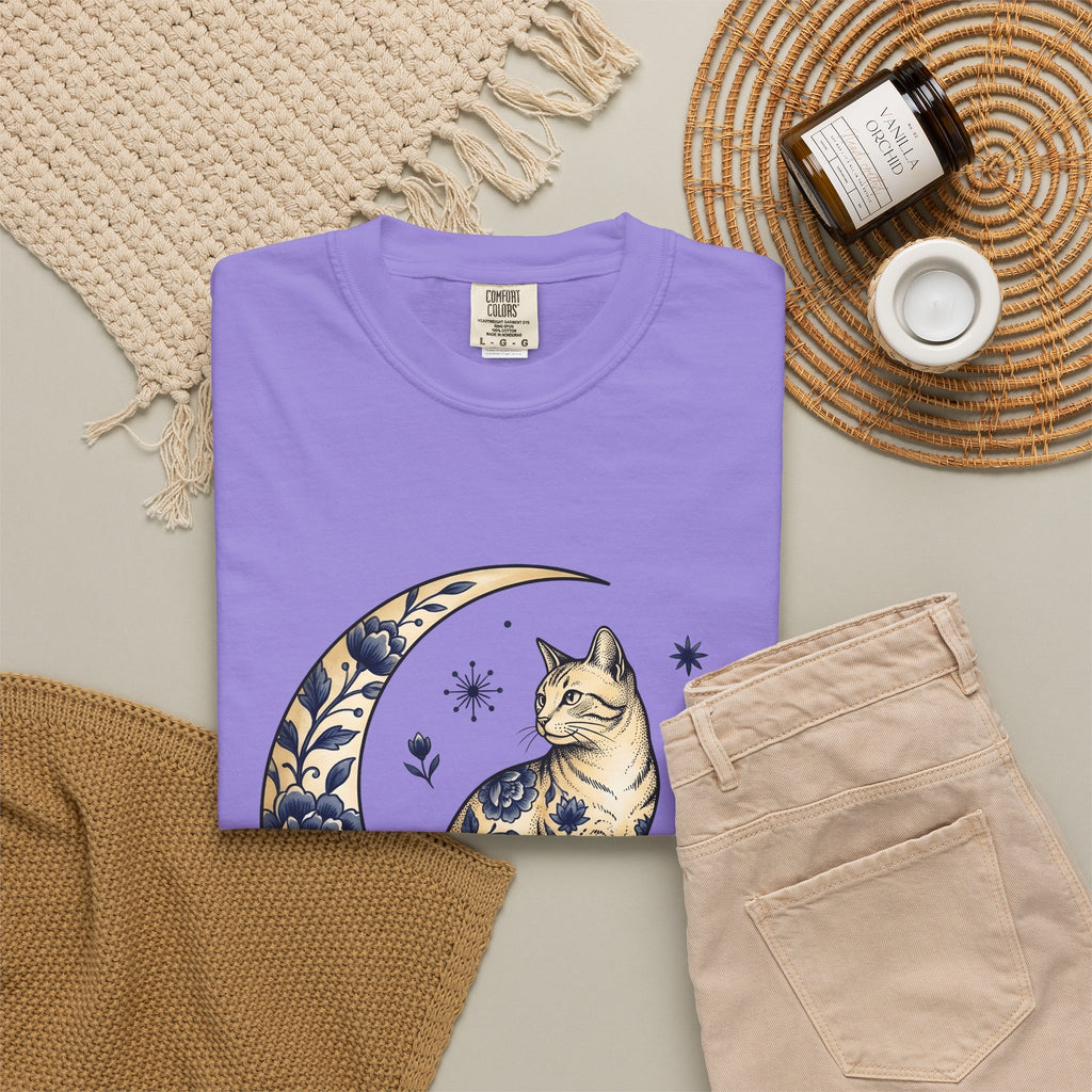 Flower Kitty T-Shirt Cat Astrology Gift Women Hippie T-Shirt Kitty Cat T-Shirt Cat Fan Zodiac Graphic T-Shirt Retro Half Moon T-Shirt