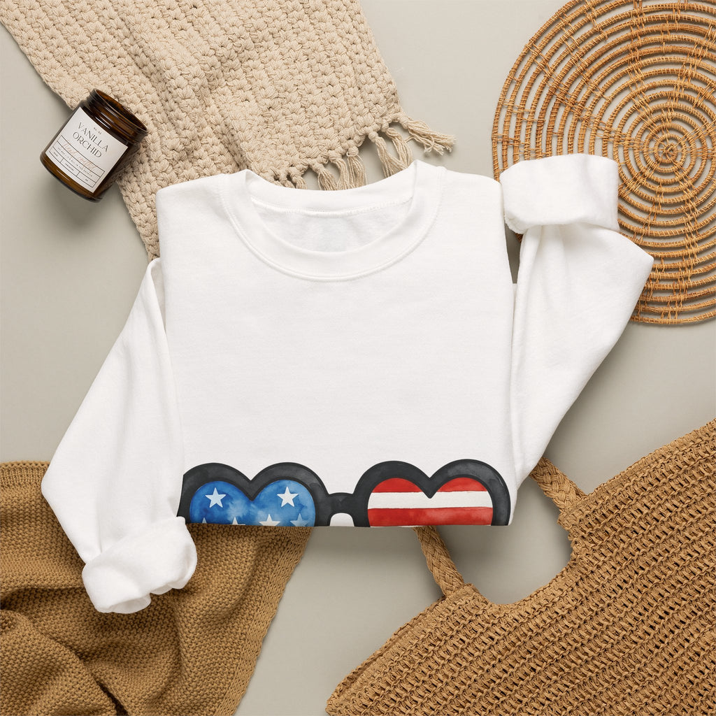 Heart Sunglasses Sweatshirt 4th Of July Patriotic Gift Women Watercolor Sweatshirt Shades Sweatshirt Independence Day Fan Painted Sweatshirt American Graphic