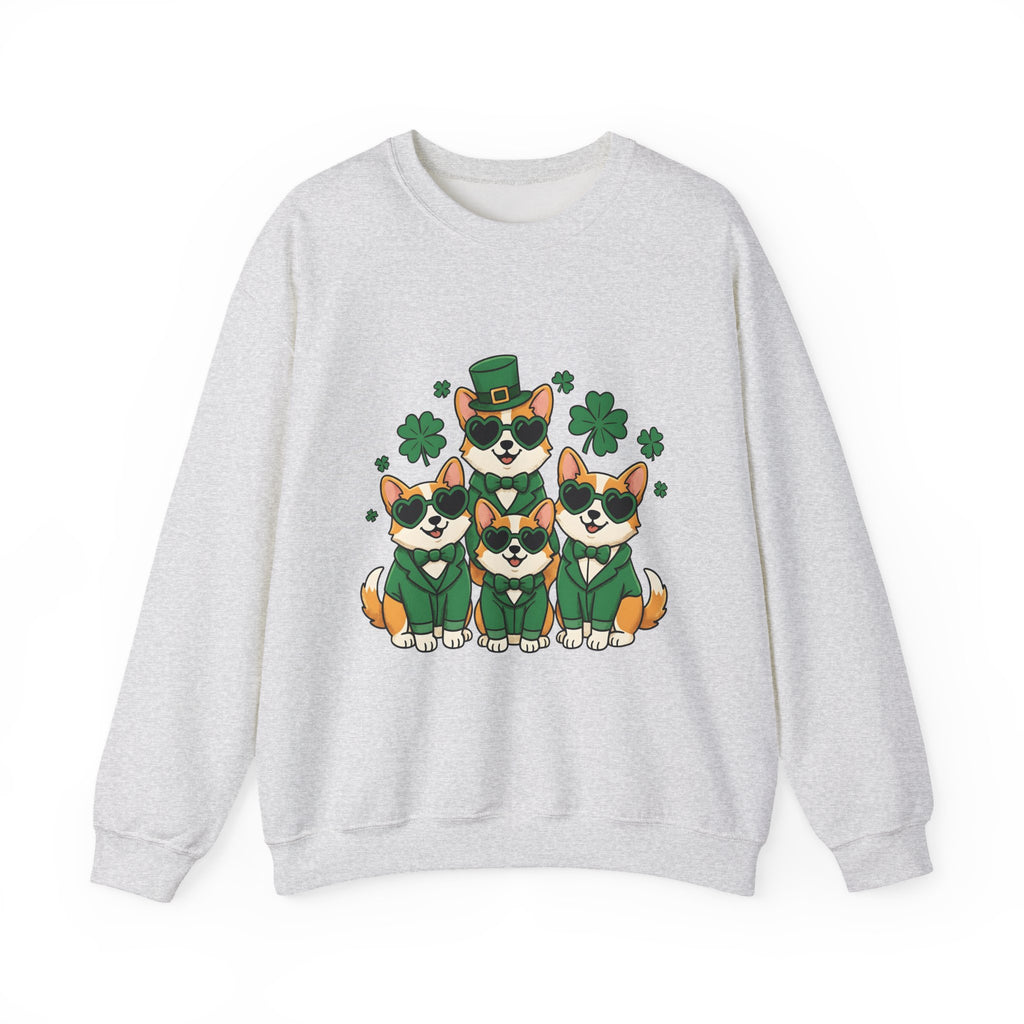 Corgi Puppies Sweatshirt St Patrick's Day Pet Owner Gift Women Comic Sweatshirt Puppy Sweatshirt Shamrock Fan Cartoon Sweatshirt Dog Mom Graphic Chibi Clover