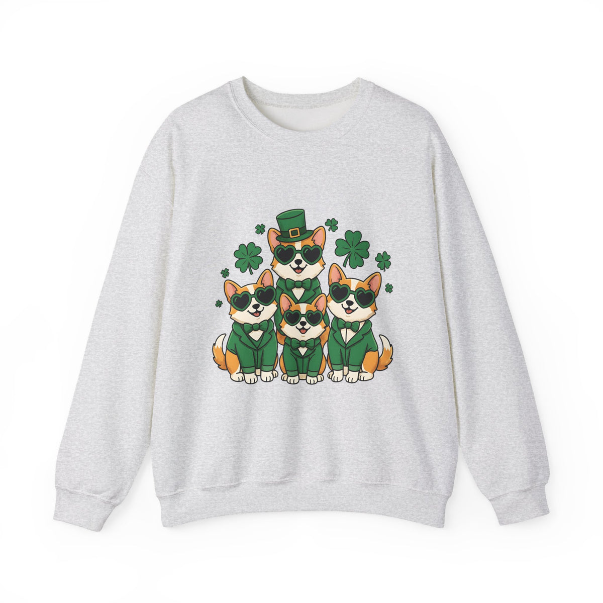 Corgi Puppies Sweatshirt St Patrick's Day Pet Owner Gift Women Comic Sweatshirt Puppy Sweatshirt Shamrock Fan Cartoon Sweatshirt Dog Mom Graphic Chibi Clover