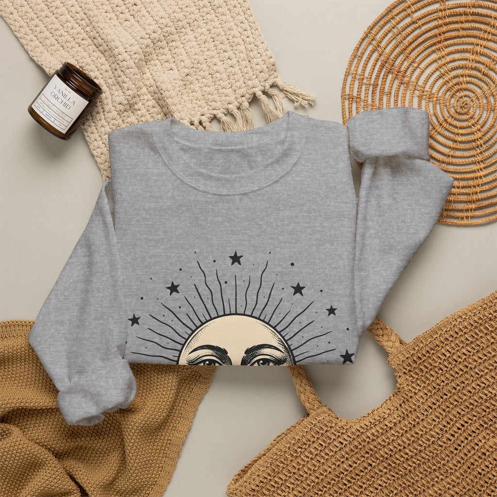 Sun Face Sweatshirt Boho Chic Space Gift Women Rustic Sweatshirt Sun Sweatshirt Hippie Fan Bohemian Sweatshirt Galaxy Graphic Line Art Stars Sweatshirt