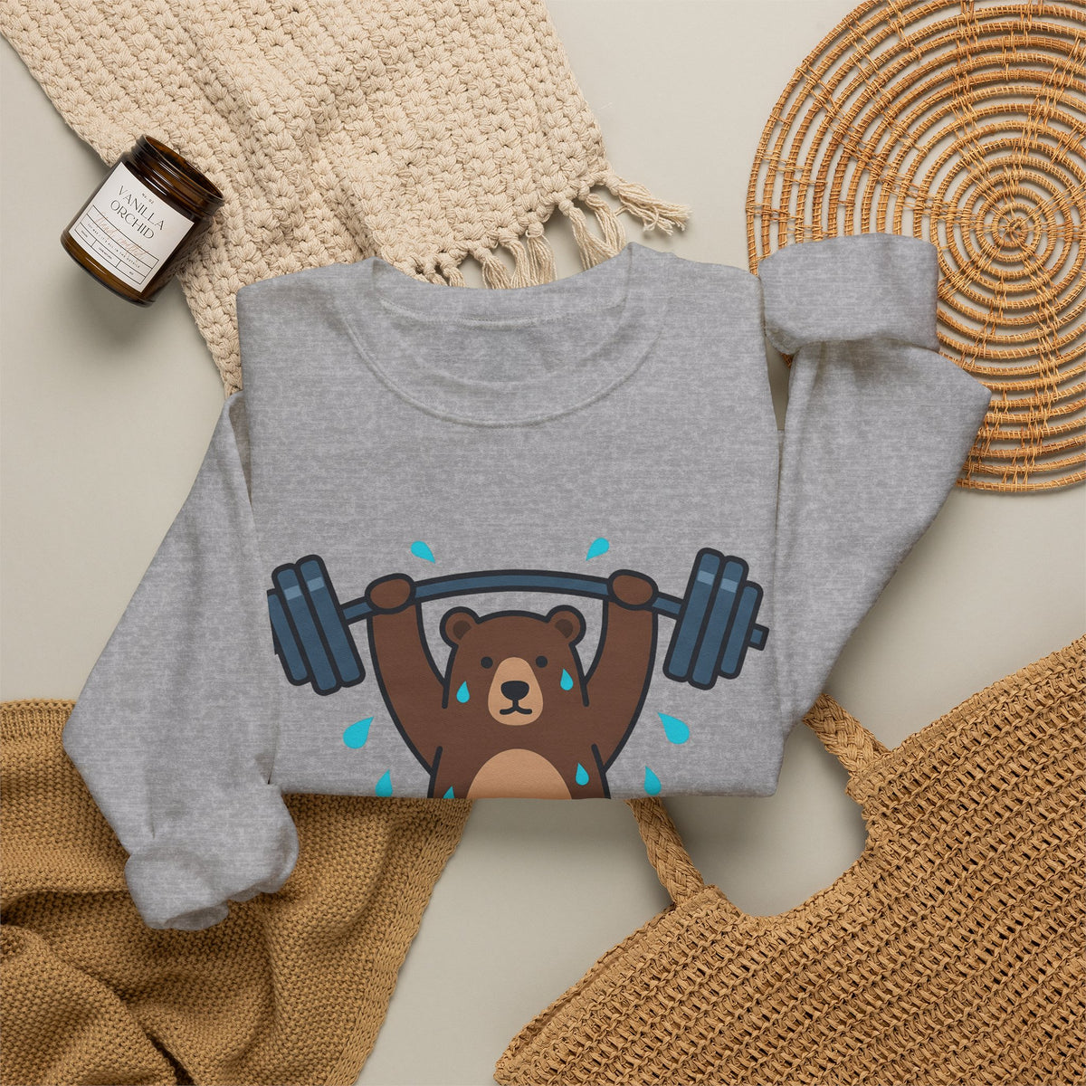 Bear Lifting Sweatshirt Fitness Workout Gift Women Comic Sweatshirt Grizzly Sweatshirt Gym Enthusiast Cartoon Sweatshirt Exercise Graphic Simple Weights Sweatshirt