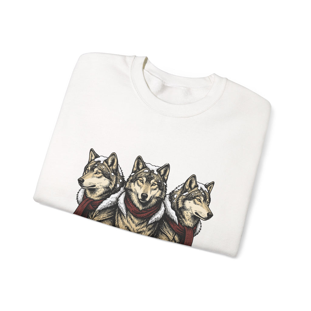 Wolf Trio Sweatshirt Christmas Animal Gift Women Hand Drawn Sweatshirt Pack Sweatshirt Xmas Fan Illustrated Sweatshirt Creature Graphic Vintage Scarf Sweatshirt