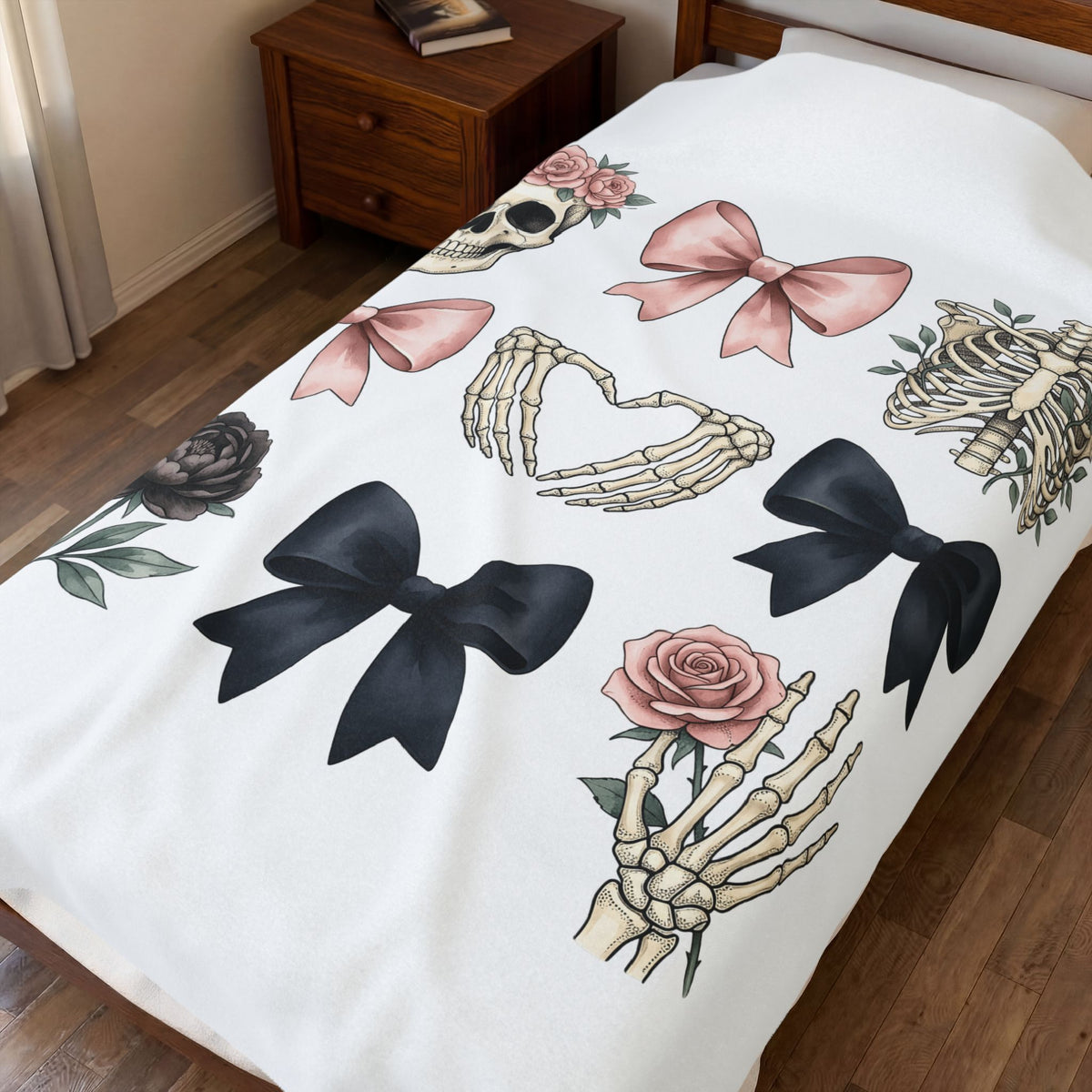 Skull Flower Halloween Dark Gift Watercolor Sugar Skull Horror Fan Gothic Dark Retro Bony Blanket