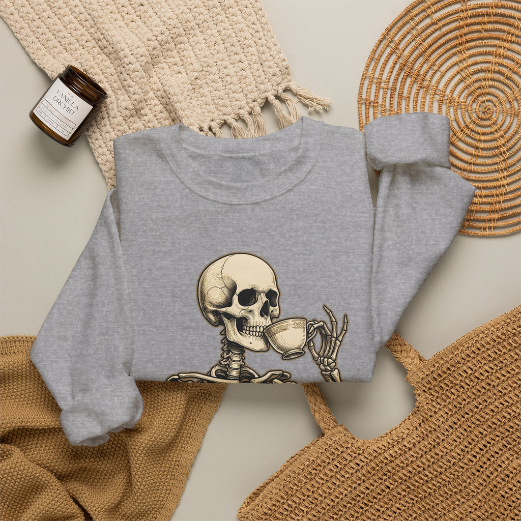 Skeleton Tea Cup Sweatshirt Halloween Goth Gift Women Vintage Sweatshirt Tea Cup Sweatshirt Horror Fan Retro Sweatshirt Dark Graphic Hand