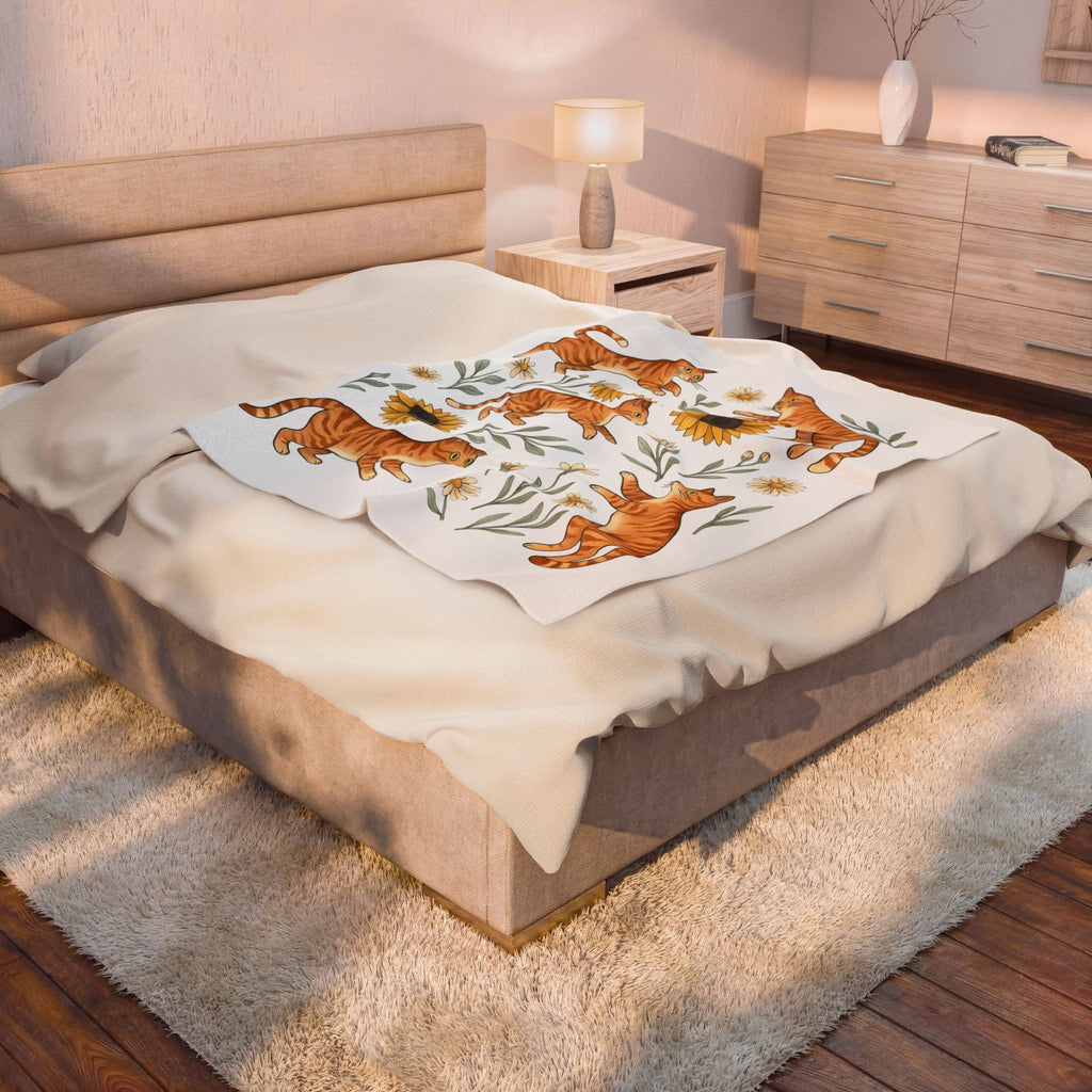 Ginger Cats Blanket Cat Flower Gift Women Cartoon Blanket Orange Cat Blanket Cat Fan Feline Graphic Illustration Comic Blanket Sketch Sunflower