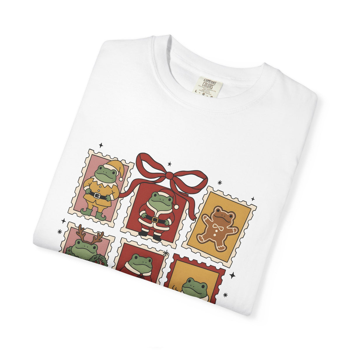 Frog Holiday Stamps T-Shirt Christmas Pets Gift Women Cute T-Shirt Toad T-Shirt Christmas Fan Kawaii T-Shirt Animal Graphic Vintage Festive Wreath