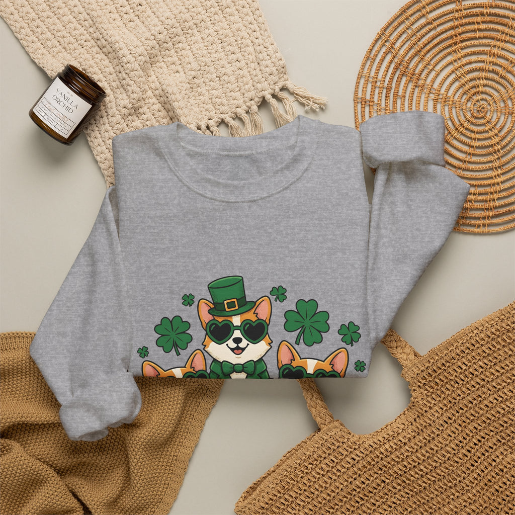 Corgi Puppies Sweatshirt St Patrick's Day Pet Owner Gift Women Comic Sweatshirt Puppy Sweatshirt Shamrock Fan Cartoon Sweatshirt Dog Mom Graphic Chibi Clover