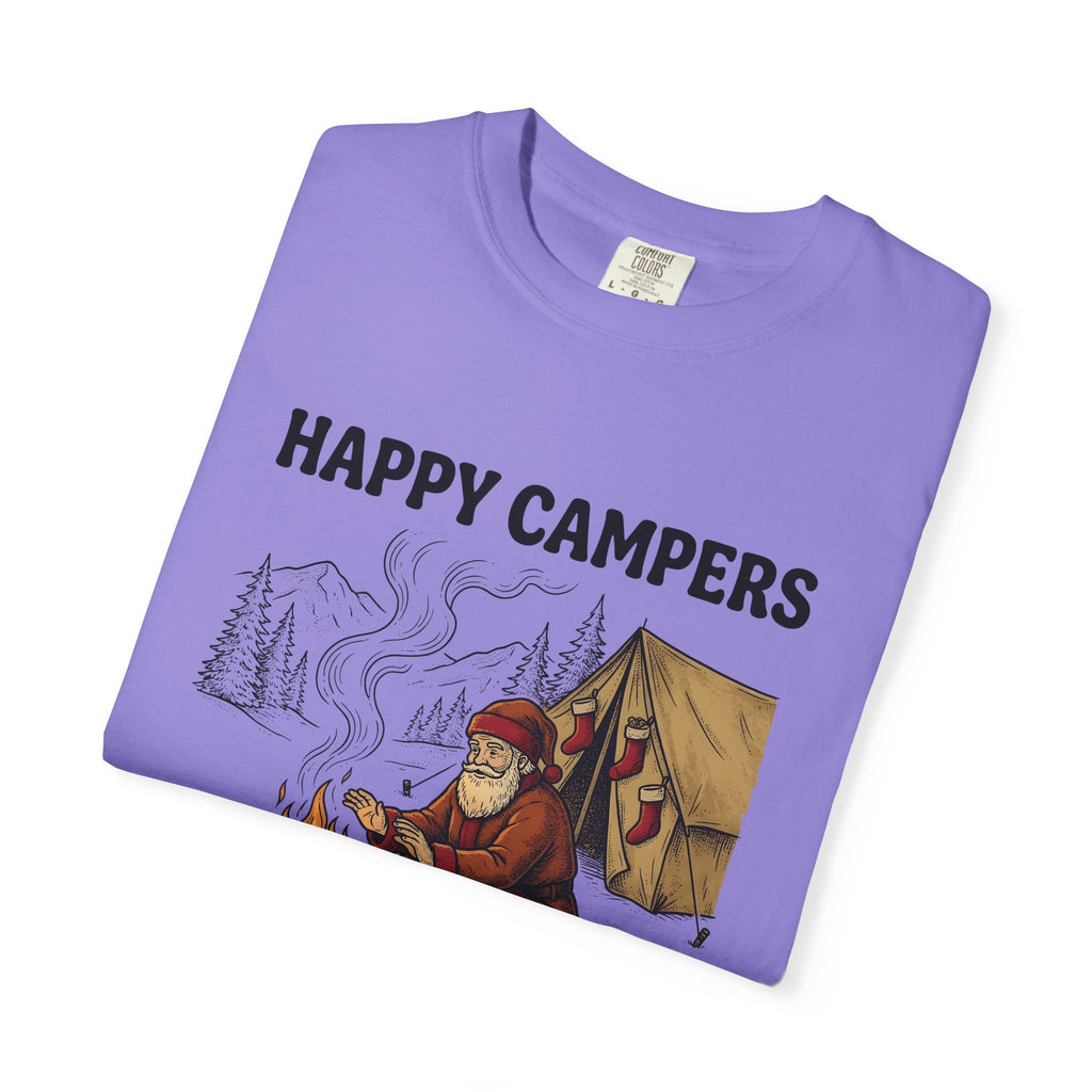Santa Campfire T-Shirt Christmas Hiking Gift Women Rustic T-Shirt Krampus T-Shirt Xmas Fan Holiday Trek Graphic T-Shirt Line Art Camping Tent