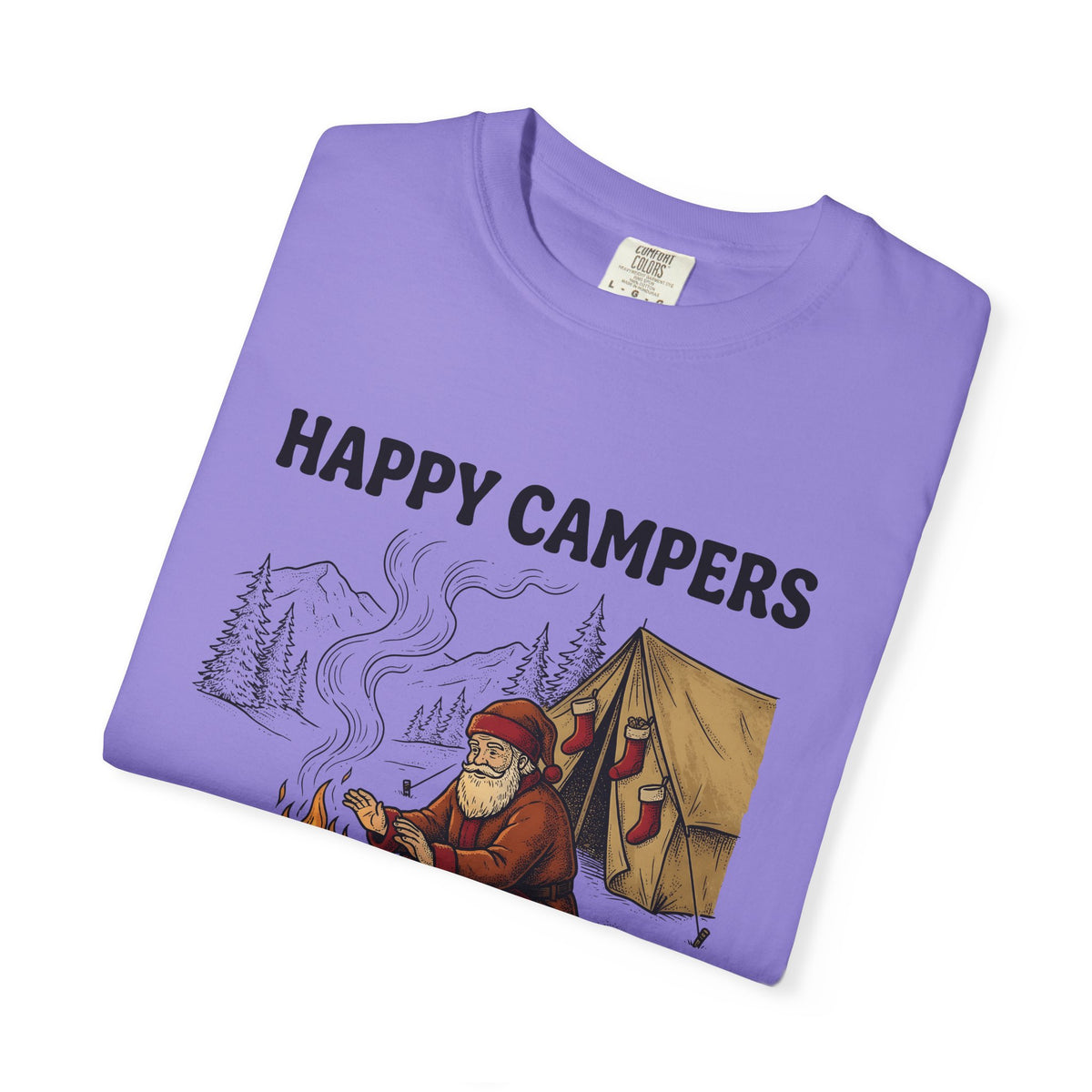 Santa Campfire T-Shirt Christmas Hiking Gift Women Rustic T-Shirt Krampus T-Shirt Xmas Fan Holiday Trek Graphic T-Shirt Line Art Camping Tent