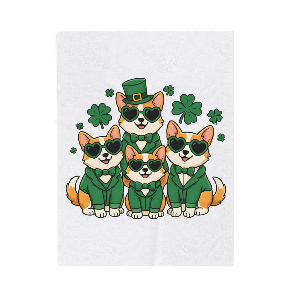 Corgi Puppies Blanket St Patrick's Day Pet Owner Gift Women Comic Blanket Puppy Blanket Shamrock Fan Cartoon Blanket Dog Mom Graphic Chibi Clover