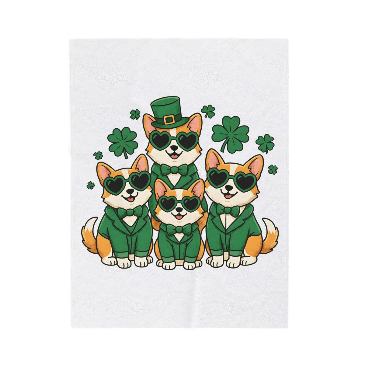 Corgi Puppies Blanket St Patrick's Day Pet Owner Gift Women Comic Blanket Puppy Blanket Shamrock Fan Cartoon Blanket Dog Mom Graphic Chibi Clover