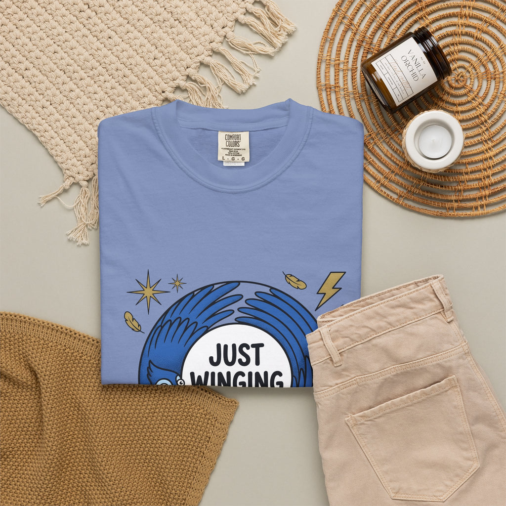 Blue Bird Drawing T-Shirt Funny Creatures Gift Women Hand Drawn T-Shirt Bird T-Shirt Comedy Fan Cartoon T-Shirt Animal Graphic Classic Electric