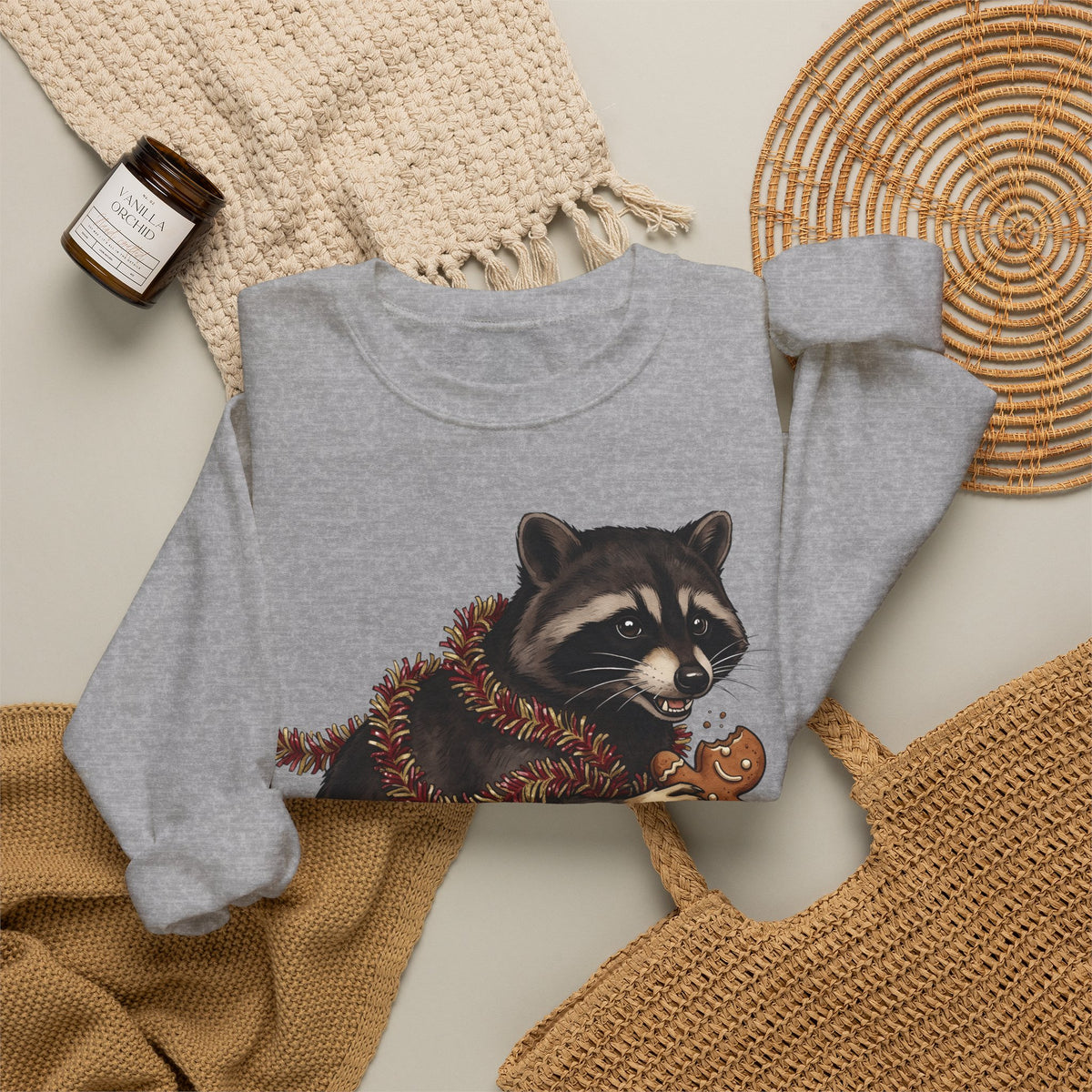Raccoon Graphic Sweatshirt Christmas Animal Gift Women Cute Sweatshirt Trash Panda Sweatshirt Xmas Fan Wildlife Graphic Illustration Hand Drawn Gingerbread