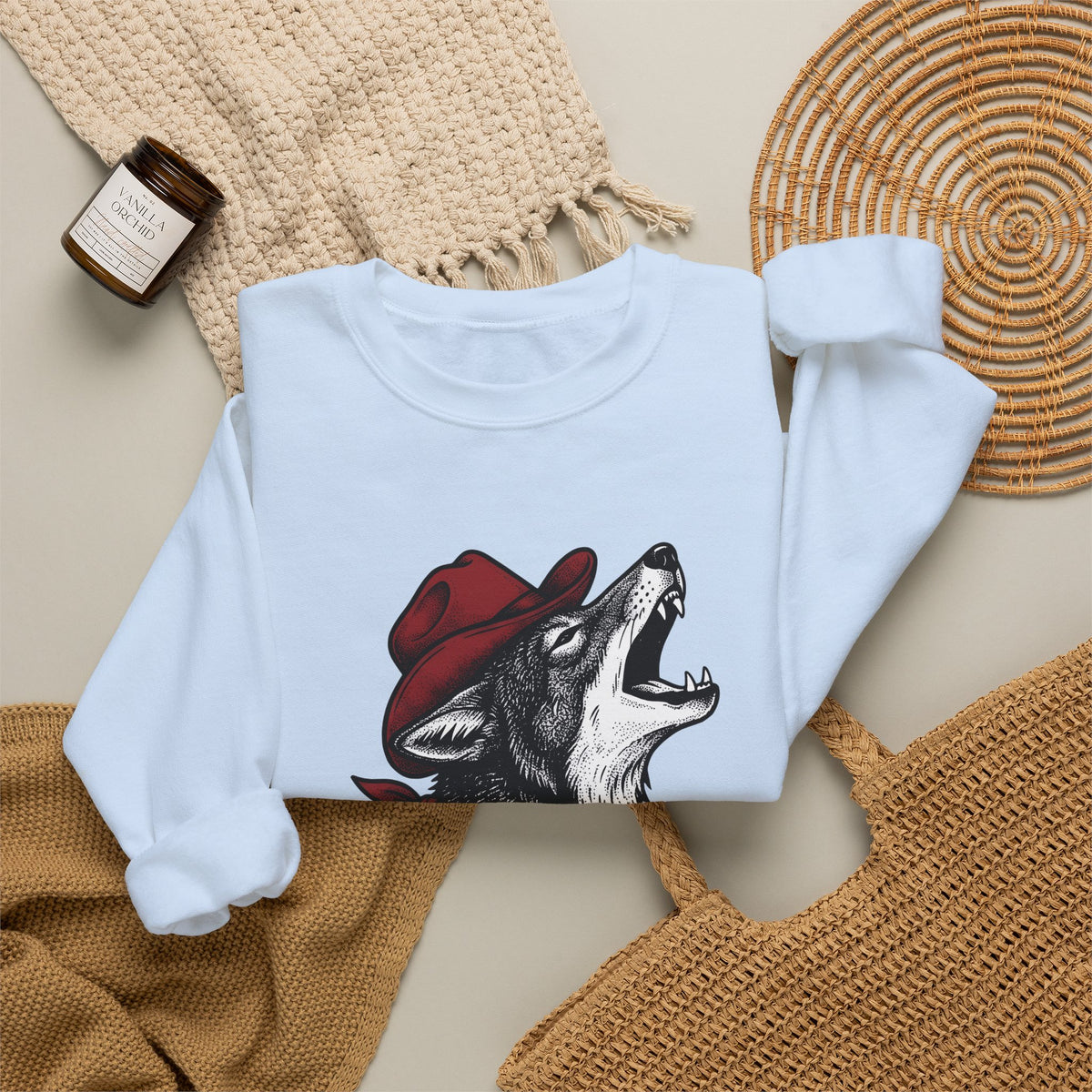 Cowboy Wolf Sweatshirt Cowgirl Western Gift Women Vintage Sweatshirt Werewolf Sweatshirt Cowboy Fan Retro Sweatshirt Rodeo Graphic Hand Drawn Bandana Sweatshirt