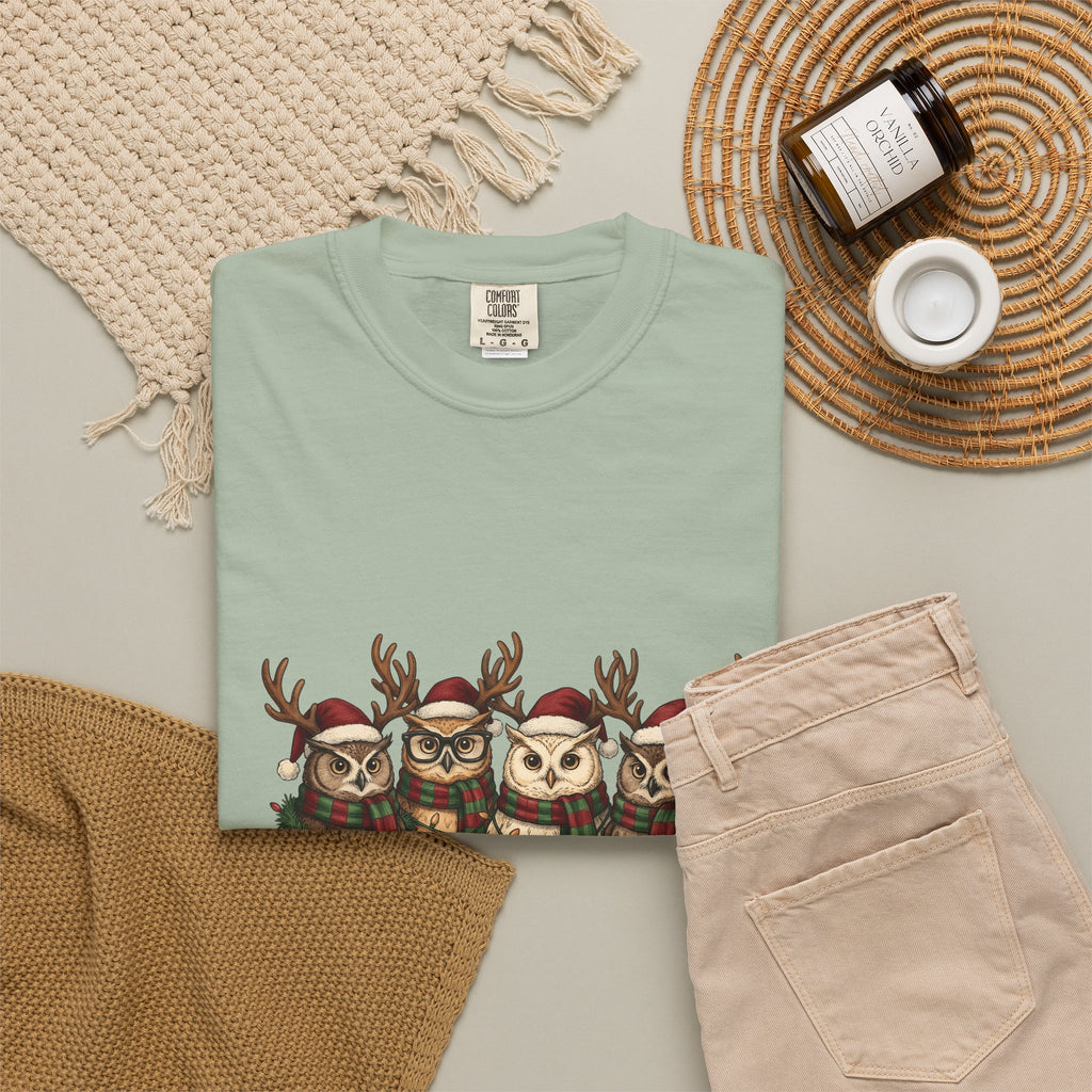 Owl Pack T-Shirt Christmas Pets Gift Women Line Art T-Shirt Owl T-Shirt Xmas Fan Owl Hoot Graphic Illustration Led Lights T-Shirt