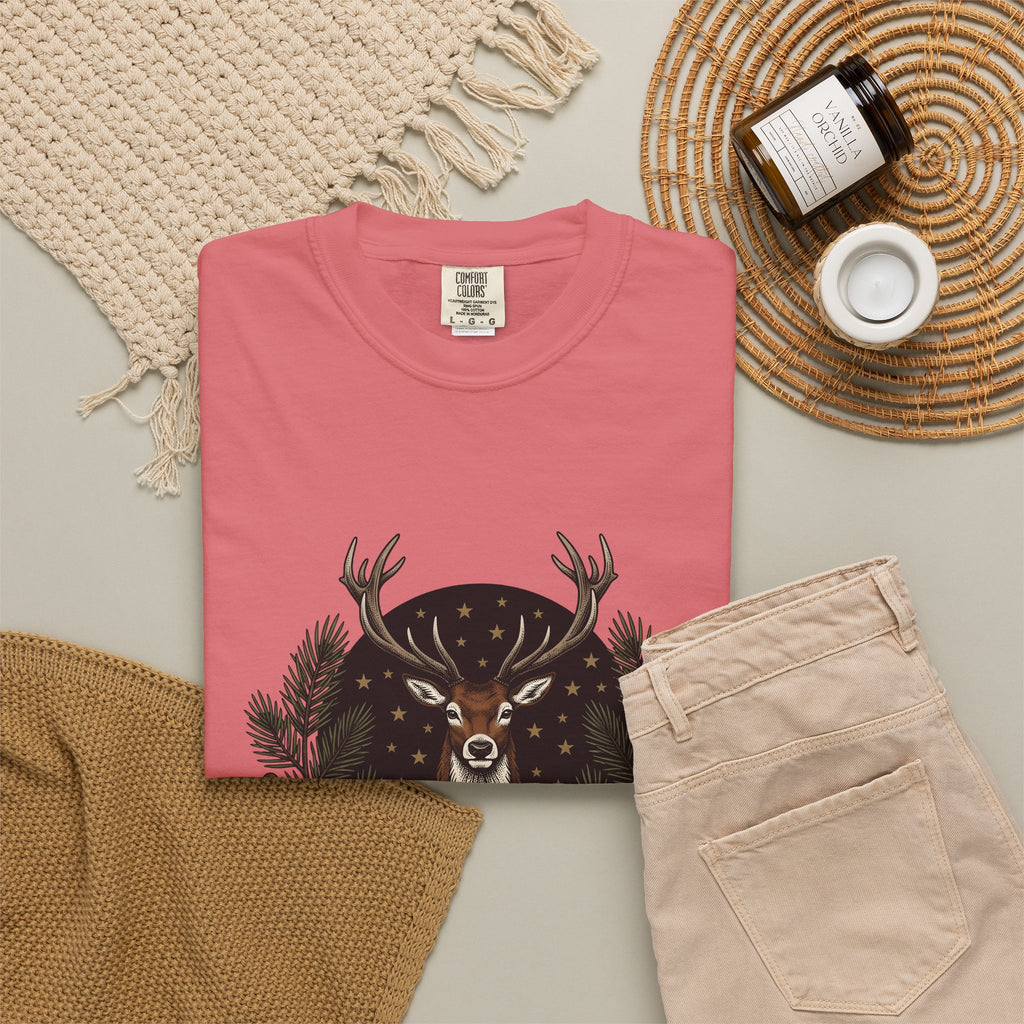 Elk Design T-Shirt Woodland Festive Gift Women Old School T-Shirt Moose T-Shirt Forest Fan Vintage T-Shirt Holiday Graphic Outline Pine Cone T-Shirt