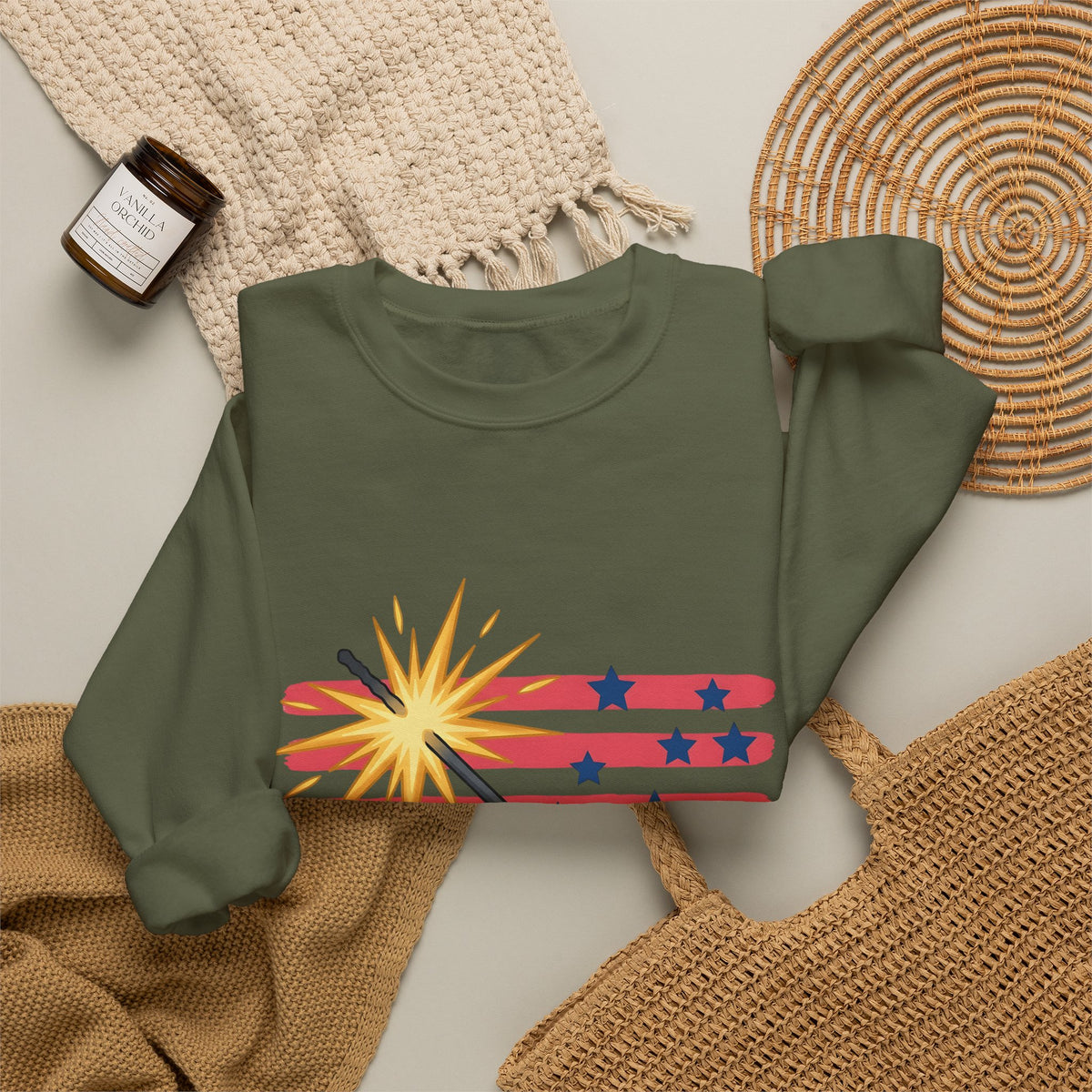 Sparkler Flag Sweatshirt 4th Of July Celebration Gift Women Patriotic Sweatshirt Wave Banner Sweatshirt Independence Day Fan American Sweatshirt Party Graphic
