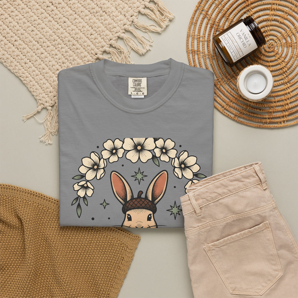 Peaceful Hare T-Shirt Yoga Critter Gift Women Folk T-Shirt Rabbit T-Shirt Yoga Enthusiast Folk Art T-Shirt Animal Graphic Line Art Garden Loop