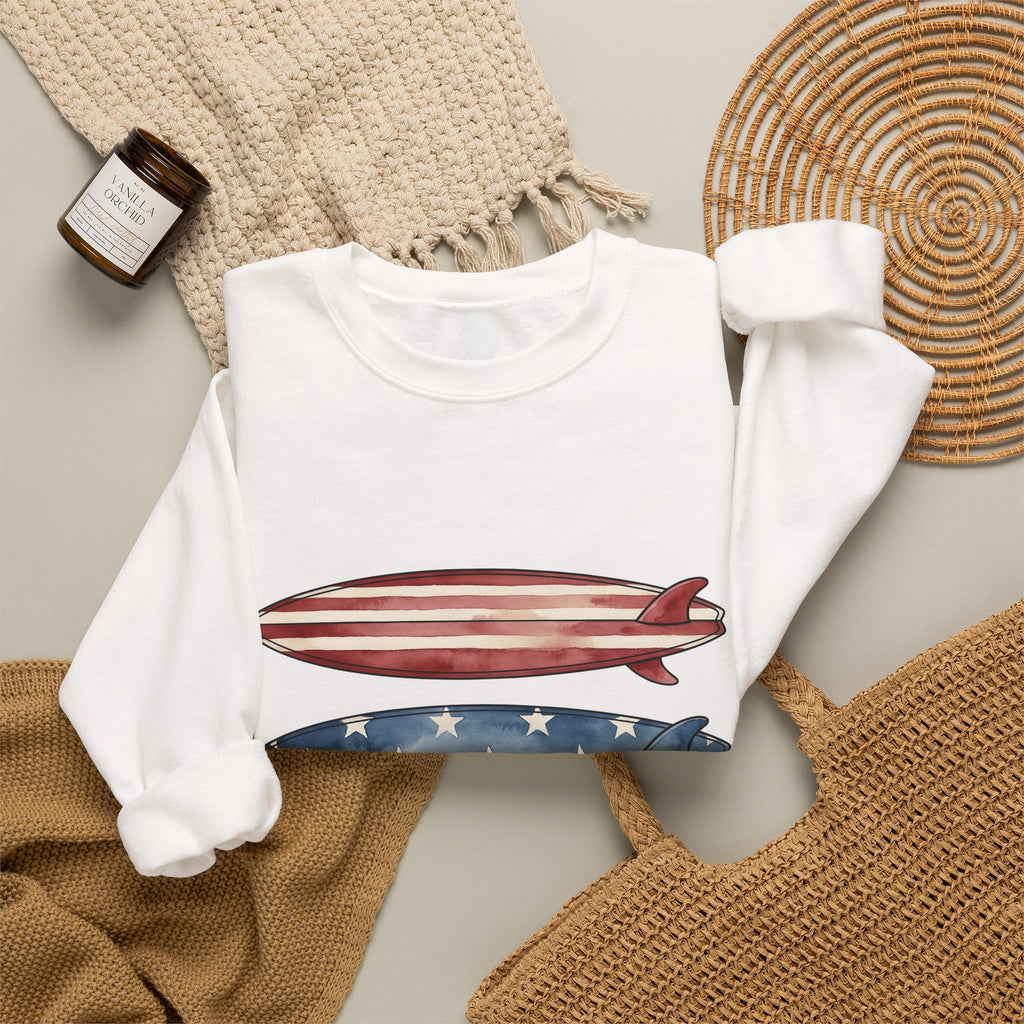 American Surfboards Sweatshirt 4th Of July Ocean Gift Women Painting Sweatshirt Surfboard Sweatshirt Independence Day Fan Artistic Sweatshirt Sea Graphic Retro