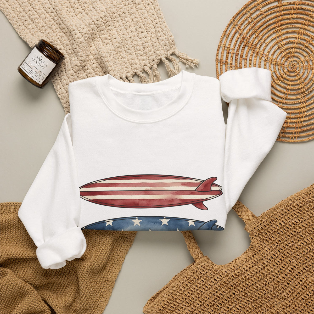 American Surfboards Sweatshirt 4th Of July Ocean Gift Women Painting Sweatshirt Surfboard Sweatshirt Independence Day Fan Artistic Sweatshirt Sea Graphic Retro