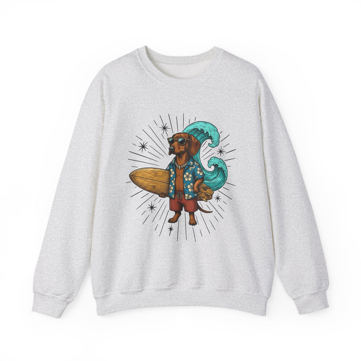 Dachshund Surfer Sweatshirt Dog Holiday Gift Women Animated Sweatshirt Wiener Dog Sweatshirt Dog Fan Cartoon Sweatshirt Vacation Graphic Retro Surfboard Sweatshirt