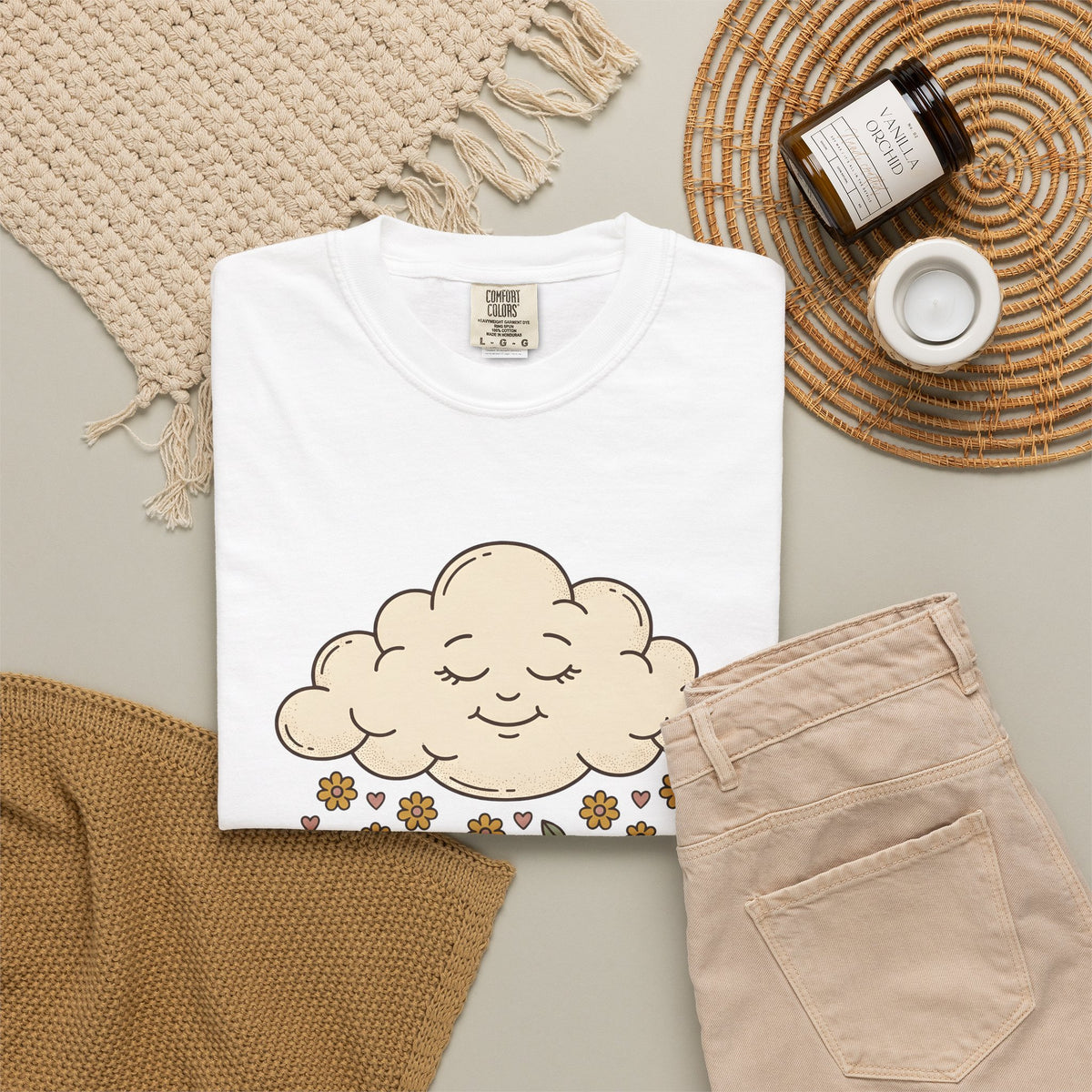 Joyful Cloud T-Shirt Boho Chic Encouragement Gift Women Cartoon T-Shirt Cloud T-Shirt Bohemian Fan Illustrated Graphic T-Shirt Hand Drawn Bloom