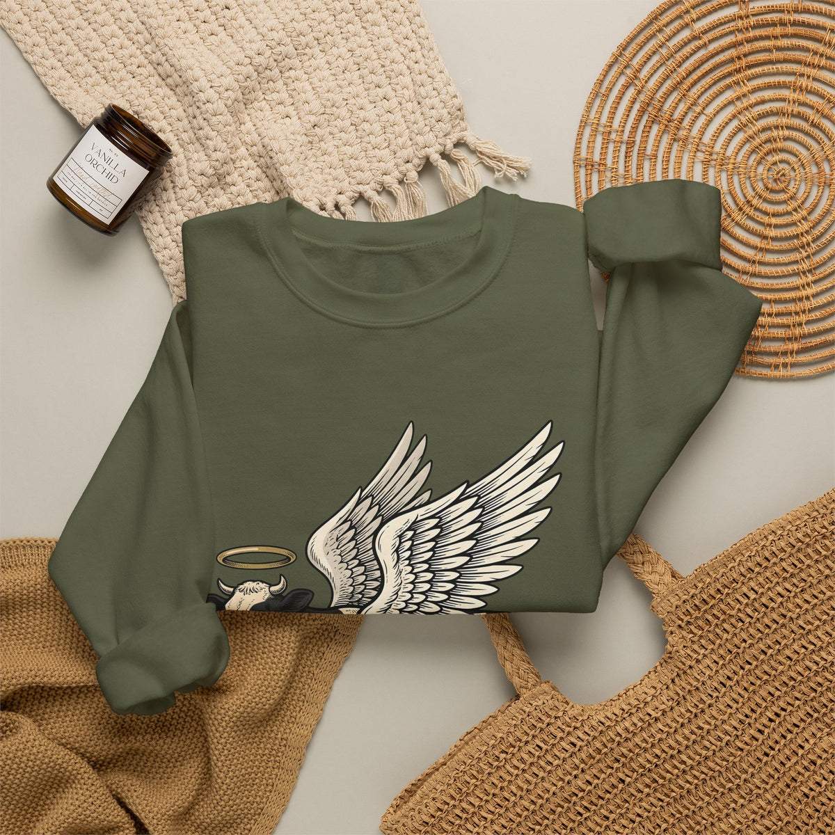 Flying Cow Sweatshirt Funny Pet Gift Women Retro Sweatshirt Cowboy Sweatshirt Humor Fan Vintage Sweatshirt Animal Graphic Sketch Halo Sweatshirt