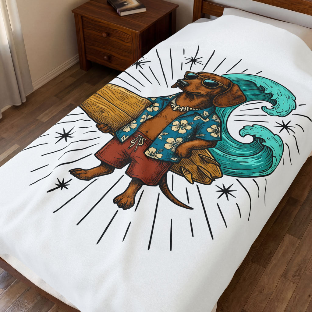 Dachshund Surfer Blanket Dog Holiday Gift Women Animated Blanket Wiener Dog Blanket Dog Fan Cartoon Blanket Vacation Graphic Retro Surfboard Blanket