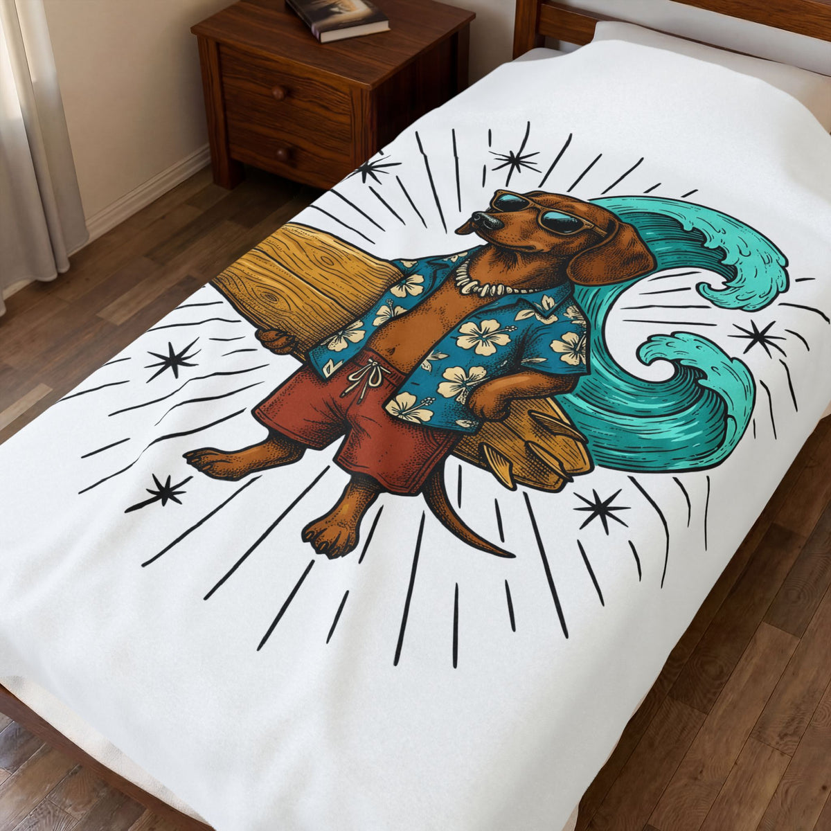 Dachshund Surfer Blanket Dog Holiday Gift Women Animated Blanket Wiener Dog Blanket Dog Fan Cartoon Blanket Vacation Graphic Retro Surfboard Blanket