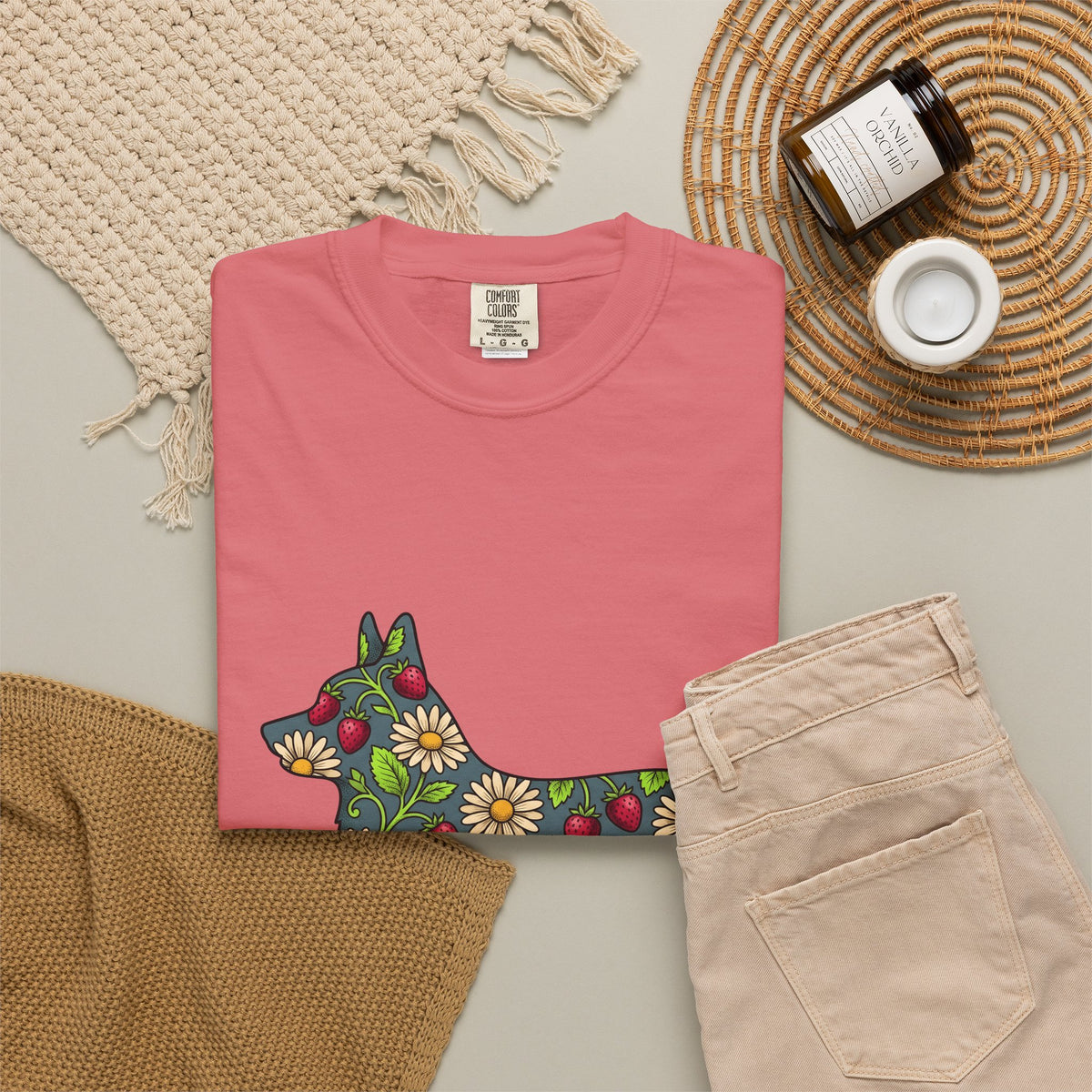 Corgi Blossom T-Shirt Dog Wildlife Gift Women Garden T-Shirt Puppy T-Shirt Dog Fan Animal Graphic Illustration T-Shirt Hand Drawn Fruit T-Shirt