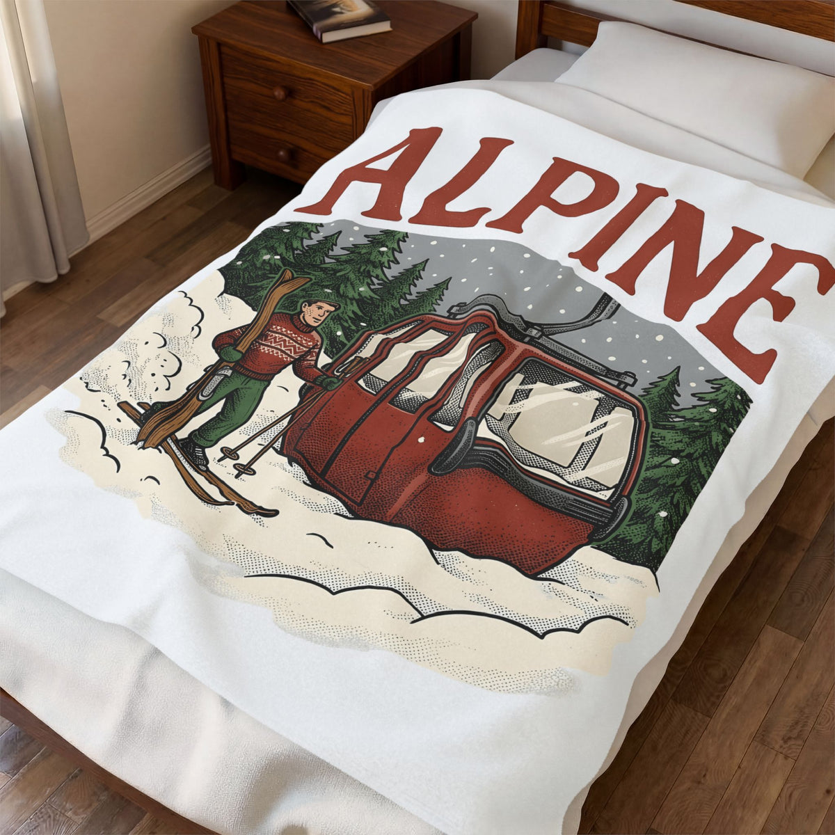 Ski Lift Blanket Christmas Winter Gift Women Vintage Blanket Chairlift Blanket Holiday Fan Retro Blanket Frosty Graphic Hand Drawn Evergreen Trees