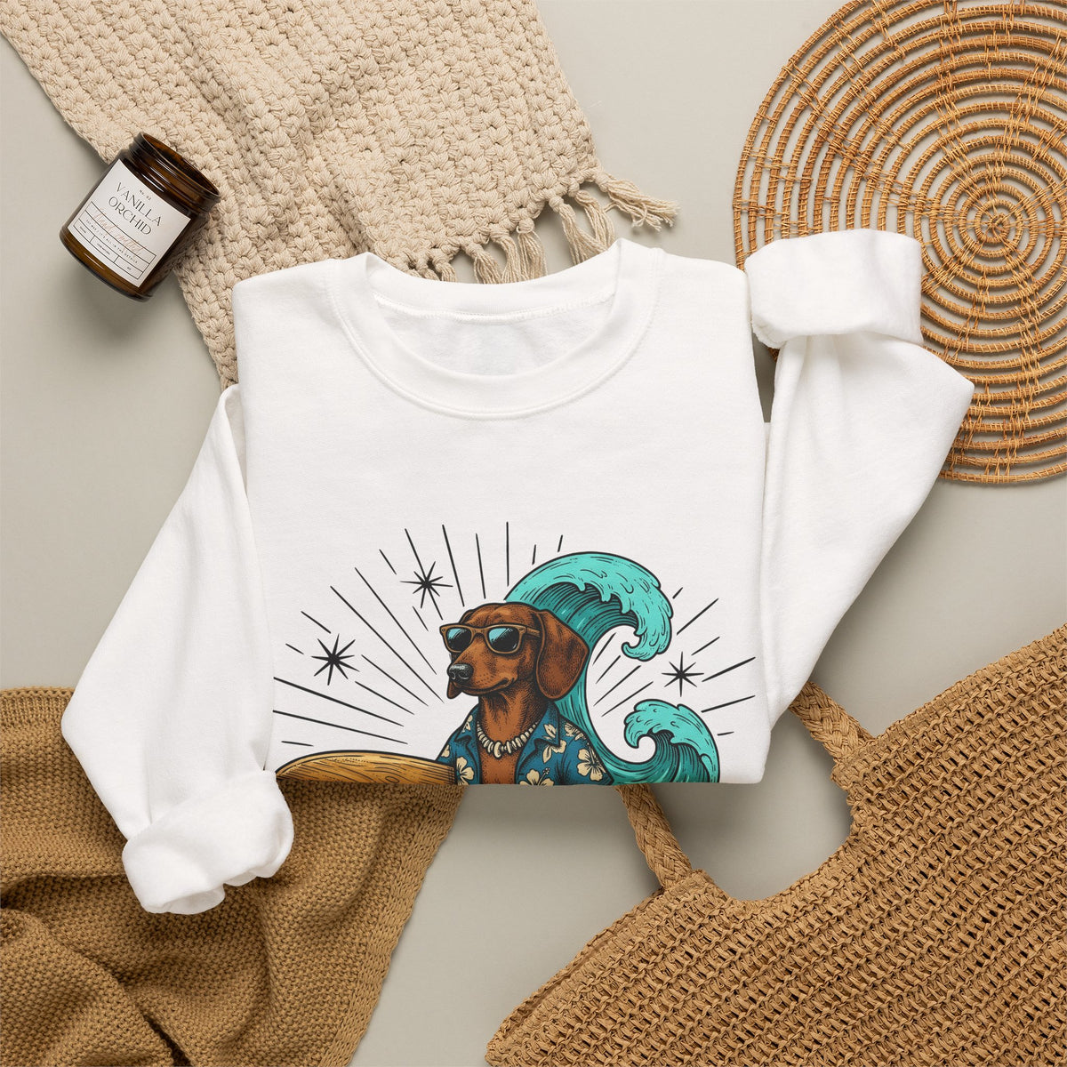 Dachshund Surfer Sweatshirt Dog Holiday Gift Women Animated Sweatshirt Wiener Dog Sweatshirt Dog Fan Cartoon Sweatshirt Vacation Graphic Retro Surfboard Sweatshirt