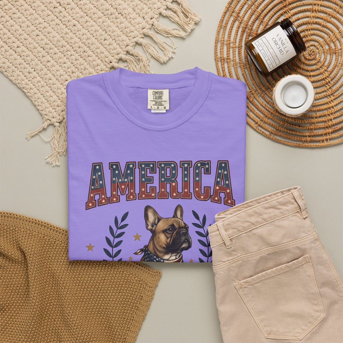 French Bulldog T-Shirt America Patriotic Gift Women Vintage T-Shirt Bouledogue T-Shirt American Fan Retro Illustration Graphic Retro Stars T-Shirt