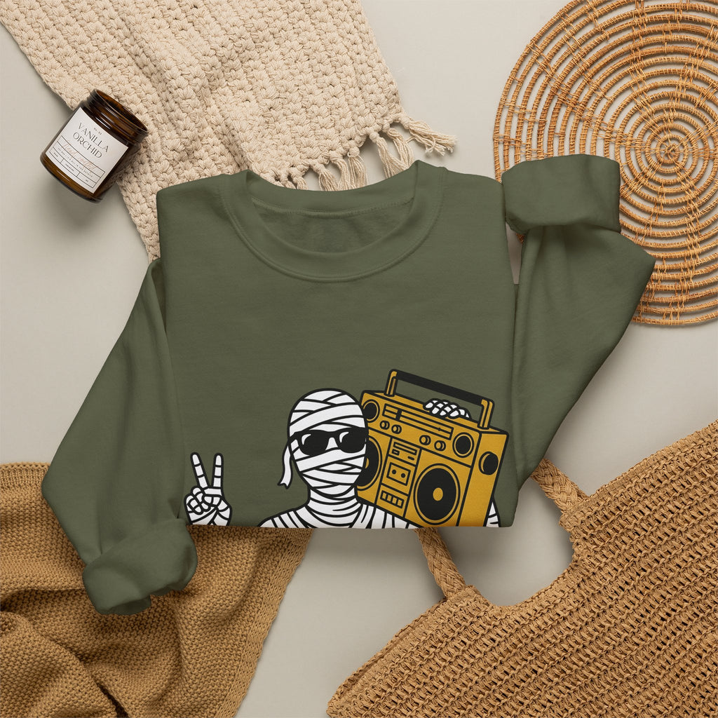 Mummy Boombox Halloween Audio Gift Sketch Wrapped Mummy Horror Fan Monster Drawing Old Sweatshirt