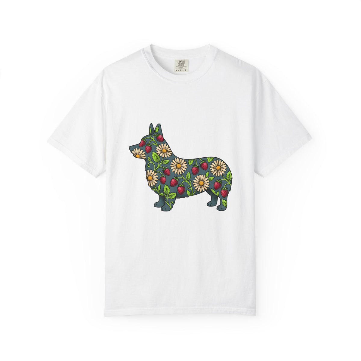 Corgi Blossom T-Shirt Dog Wildlife Gift Women Garden T-Shirt Puppy T-Shirt Dog Fan Animal Graphic Illustration T-Shirt Hand Drawn Fruit T-Shirt