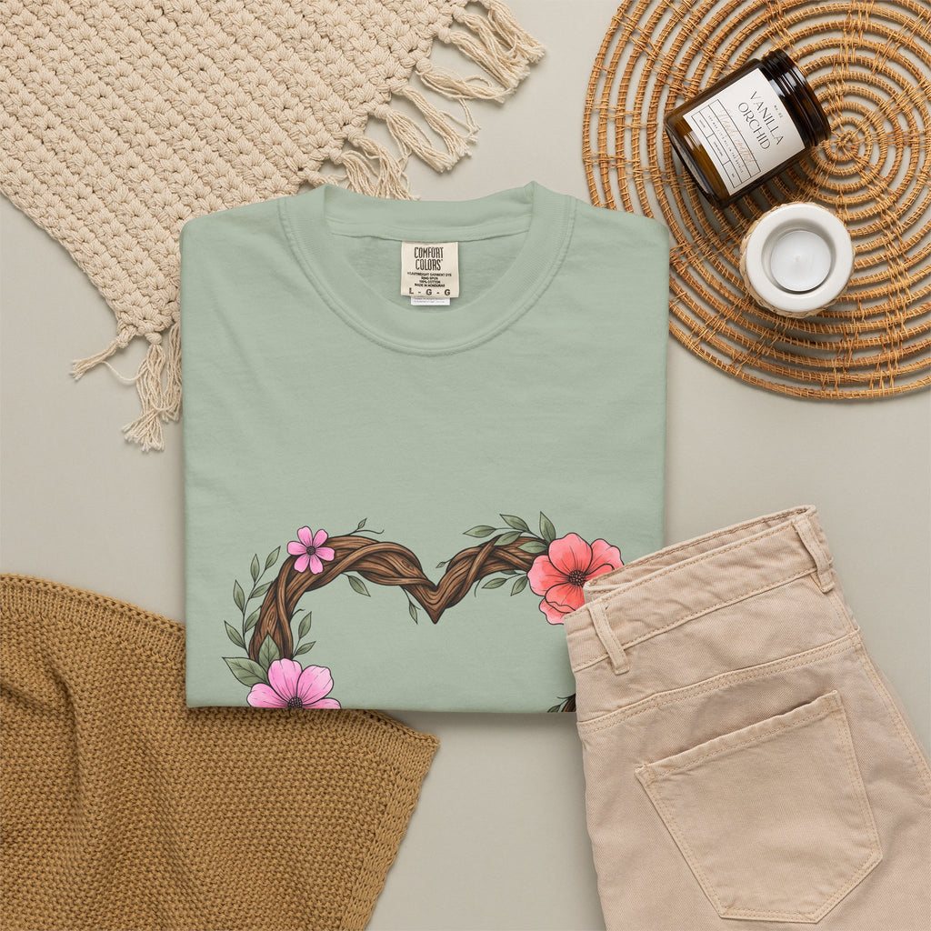 Floral Heart T-Shirt Boho Chic Nature Gift Women Hand Drawn T-Shirt Heart T-Shirt Bohemian Fan Illustrated T-Shirt Environmental Graphic Botanical