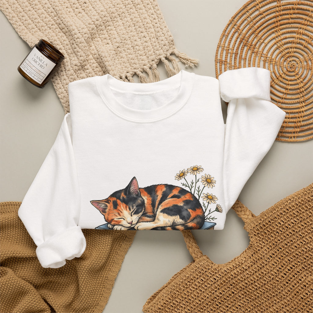 Calico Cat Sweatshirt Cat Floral Gift Women Hand Drawn Sweatshirt Kitten Sweatshirt Cat Fan Illustrated Graphic Vintage Books Sweatshirt