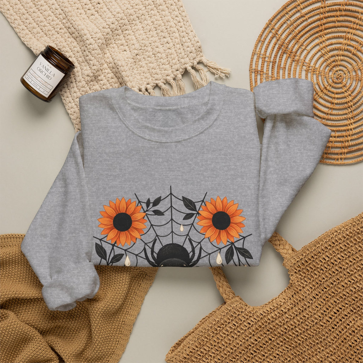 Spider Web Sunflower Sweatshirt Boho Chic Autumn Gift Women Cartoon Sweatshirt Sunflower Sweatshirt Hippie Fan Comic Sweatshirt Fall Graphic Doodle Petal