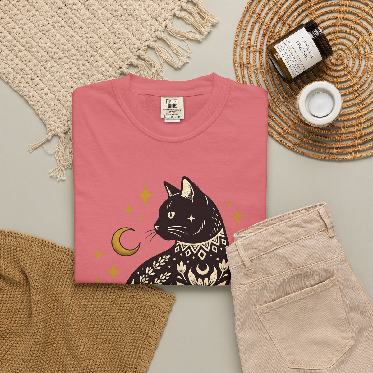 Astral Cat T-Shirt Boho Chic Esoteric Gift Women Ethnic T-Shirt Celestial Cat T-Shirt Bohemian Fan Tribal T-Shirt Mystical Graphic Sleek Moonlight