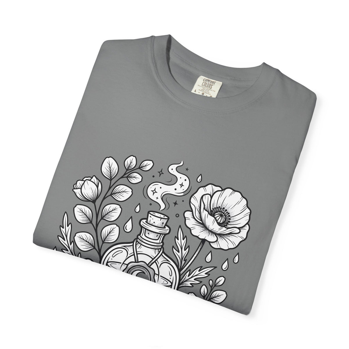 Magic Bottle T-Shirt Halloween Spells Gift Women Sketch T-Shirt Genie Bottle T-Shirt Horror Fan Mystic Drawing Graphic Retro Flower T-Shirt
