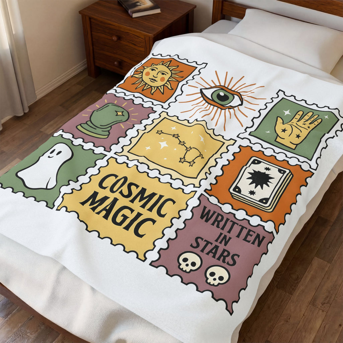 Magic Stamps Blanket Halloween Zodiac Gift Women Hippie Blanket Rubber Stamp Blanket Horror Fan Psychedelic Blanket Astrology Graphic Vintage