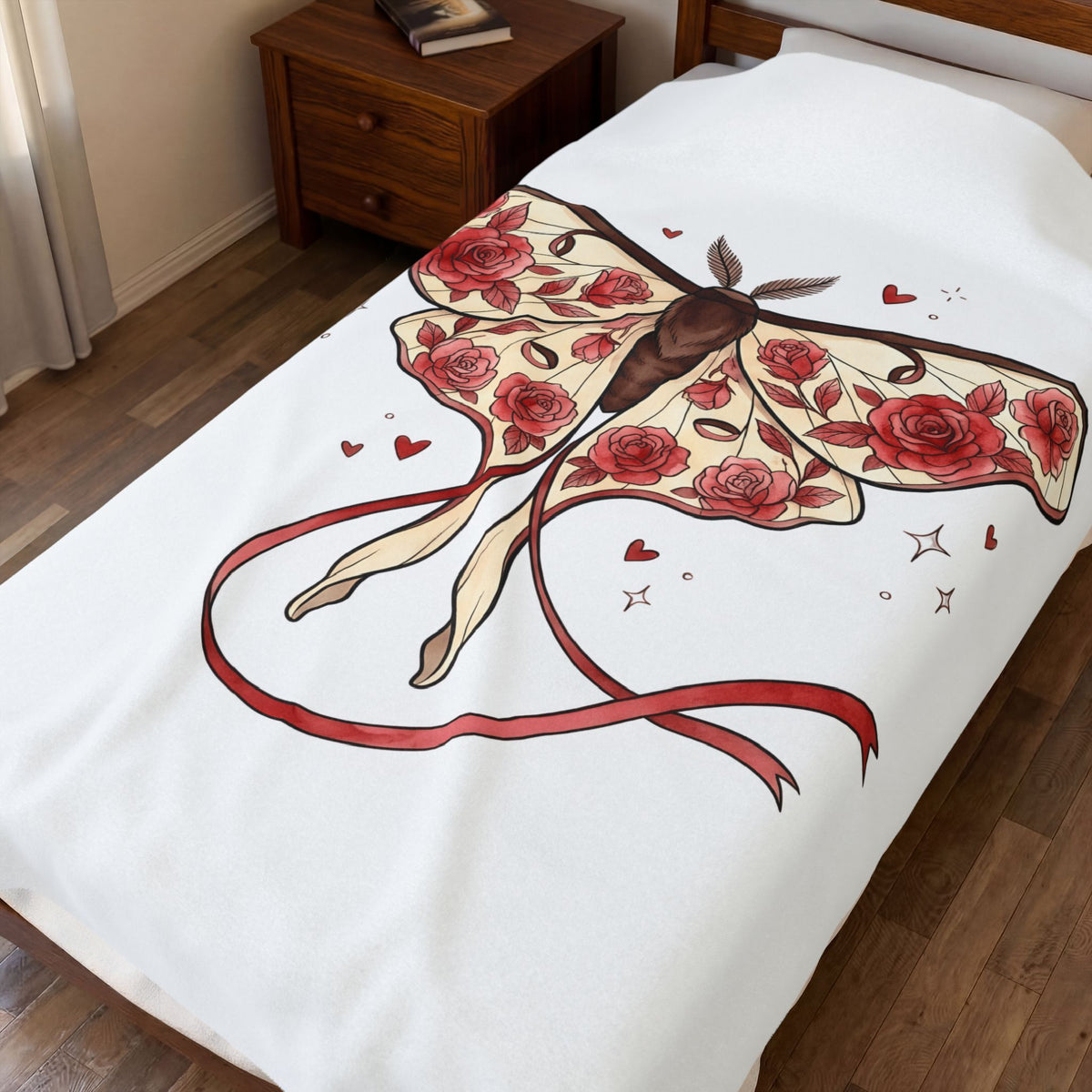 Moth Rose Blanket St. Valentine's Day Floral Gift Women Boho Blanket Rose Blanket Valentine Fan Bohemian Blanket Floral Graphic Tattoo Ribbon
